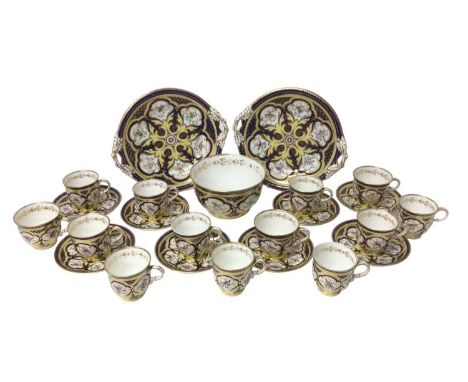 Early 19th century Regency porcelain part tea set, possibly Ridgway, including thirteen cups, eight saucers, two cake plates 