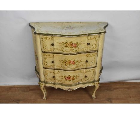 Continental polychrome painted serpentine commode, with three graduated drawers on bracket feet, 69cm wide x 37cm deep x 80cm