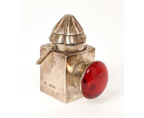 Victorian silver table lighter modelled in the form of a ship's port lantern, with swing handle, separate fluid reservoir and