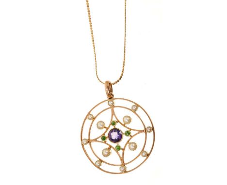 Edwardian amethyst, green garnet and seed pearl pendant, possibly referencing support for The Suffragette movement, the 15ct 
