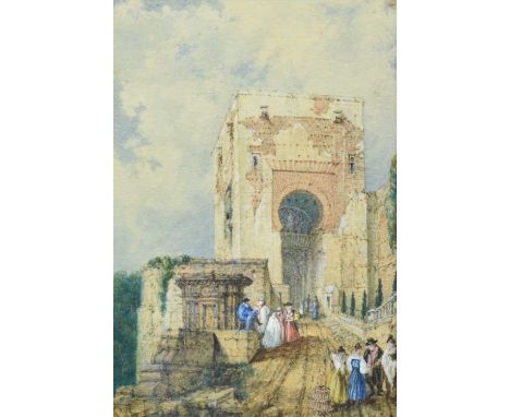 Manner of David Roberts (1796-1864) watercolour - Gate of Justice, Alhambra, 14.5cm x 9.5cm, in glazed gilt frame with presen