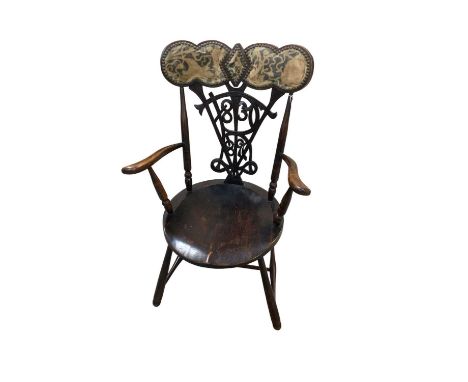 Unusual Queen Victoria 1897 Diamond Jubilee commemorative elbow chair with pierced and carved back decorated with VR 1837, 18