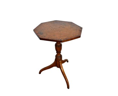 George III burr elm and crossbanded occasional table, with octagonal tilt-top on vase shaped column and swept tripod supports