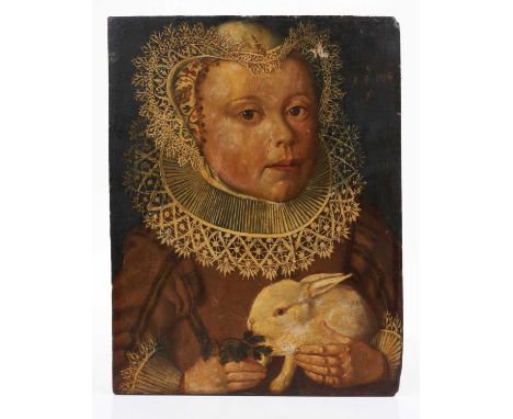 Manner of Marcus Gheeraerts the Younger (c.1561/62-1636) oil on panel - portrait of a child feeding a pet rabbit, 35cm x 27cm