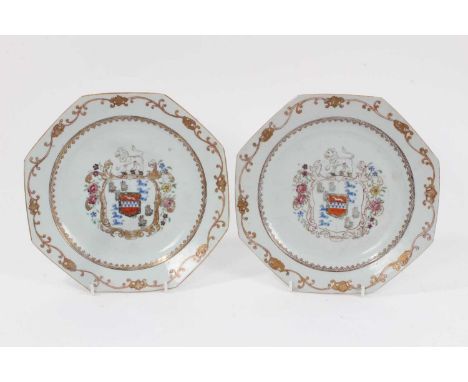 Pair of mid-18th century Chinese armorial plates of octagonal form, polychrome painted with central coat of arms for Booth qu