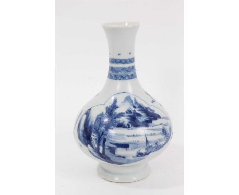 Chinese blue and white porcelain bottle vase, 18th/19th century, decorated with precious objects and a landscape scene, bands