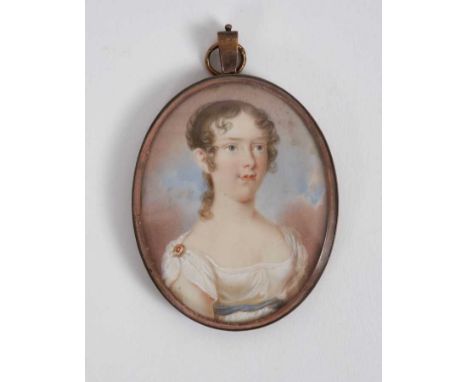 Continental School, early 20th century, watercolour portrait miniature on ivory, depicting a young lady wearing white dress w