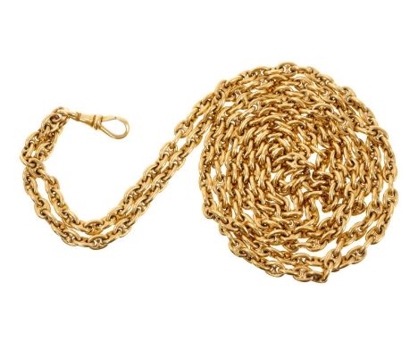 19th century gold long chain with mariner links and clasp, approximately 130cm.Good condition commensurate with age, very hea