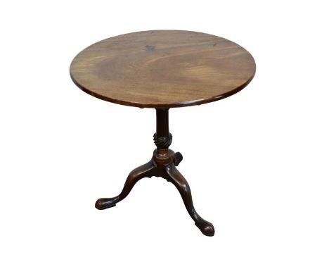 Early George III mahogany tripod table, with solid circular top on birdcage action and spiral carved column on tripod cabriol