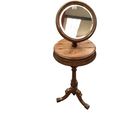 Victorian walnut gentleman's shaving stand, with adjustable circular mirror on circular tier with compartments, raised on tri