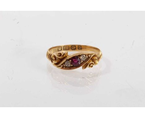 Edwardian ruby and diamond three stone ring in 18ct gold setting, Birmingham 1901. Ring size K.Excellent original condition c