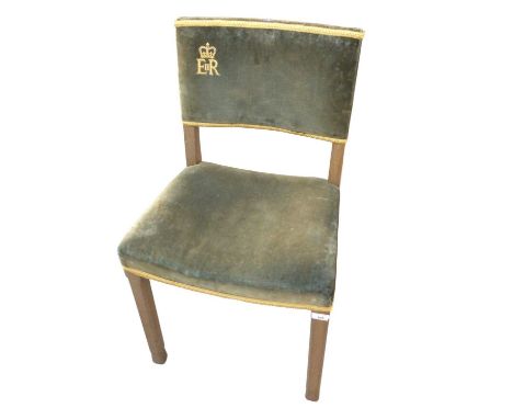 H.M. Queen Elizabeth II Coronation chair 1953 with original velvet upholstery, gold embroidered crowned ER II cipher and lime