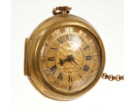 A rare early 18th century gilt brass pair case verge pocket watch with mock pendulum balance by John Moncreif/Moncrief of Lon