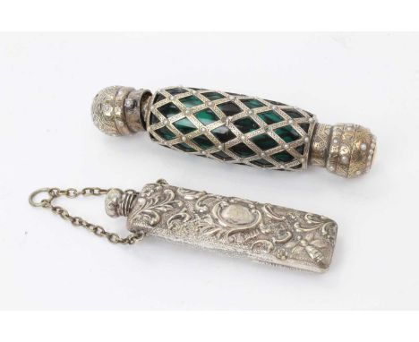 19th century double ended green glass scent bottle, with engraved silver latticework cover studded with pearls, matching hing