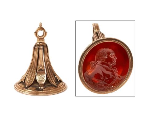 Fine George III gold fob seal, engraved with crests and coronet of Viscount Howe, the cornelian matrix finely cut with a prof