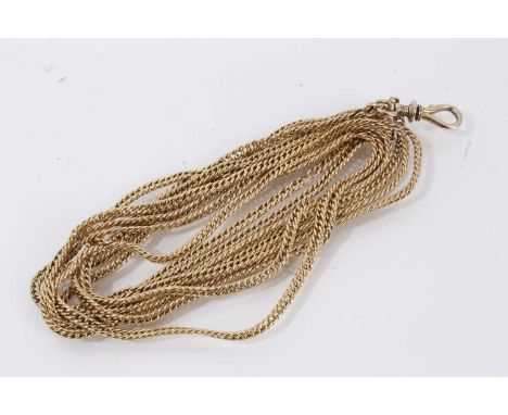 Victorian yellow metal long guard chain with curb links, approximately 150cm long.Weighs approximately 24.4 grams, appears to