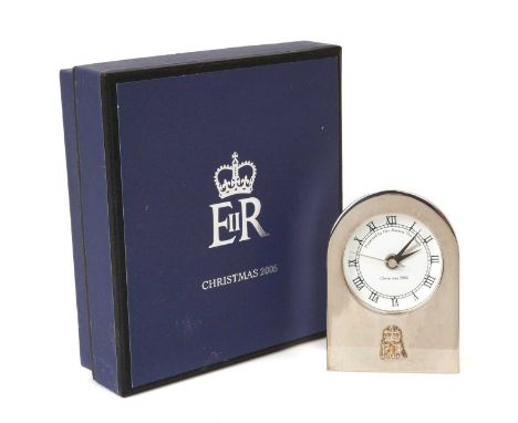H.M.Queen Elizabeth II, 2005 Royal Household Christmas present, silver plated alarm clock in domed case with crowned ERII cip