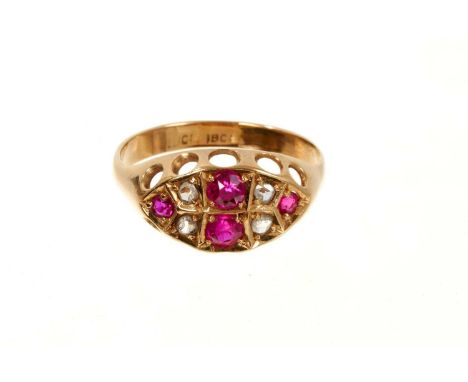 Antique 18ct gold ruby and diamond ring with a marquise shape cluster of four rubies and four rose cut diamonds in 18ct gold 