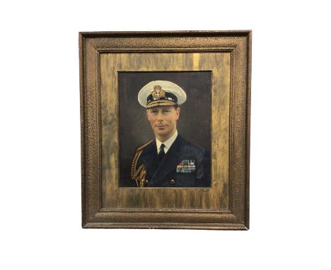 H.M.King George VI, oil on board overpainted photograph portrait of the King in Naval uniform on gilt frame with J.Russell & 
