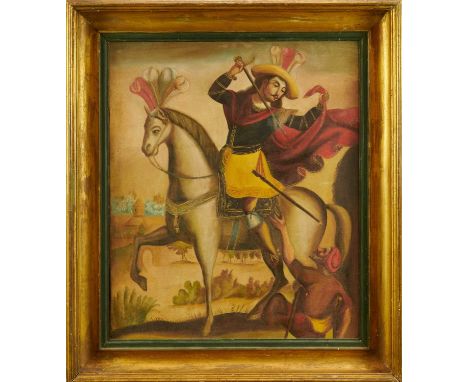 Spanish Colonial School, oil on canvas laid on board - Conquistador, 60cm x 50cm, in gilt frame We have kindly been informed 