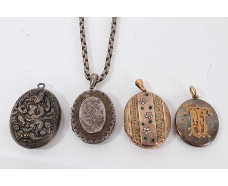 Four Victorian lockets to include a yellow metal and seed pearl locket with paste stones, Victorian silver locket on chain, 1