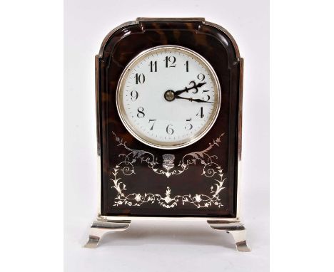 Good quality silver and tortoiseshell mantel clock with 8 day striking movement, the circular white enamel dial in silver and