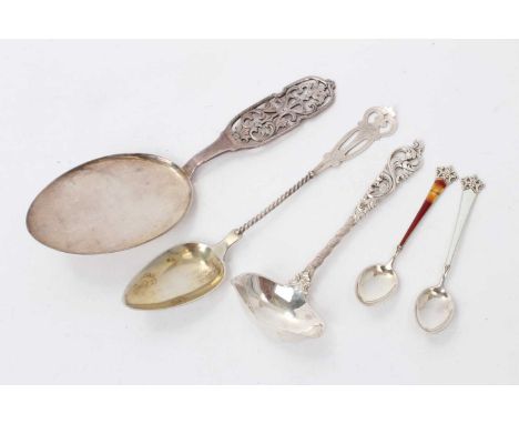 Small selection of Scandinavian silver flatware, including pair enamelled coffee spoons, serving slice, ladle and dessert spo