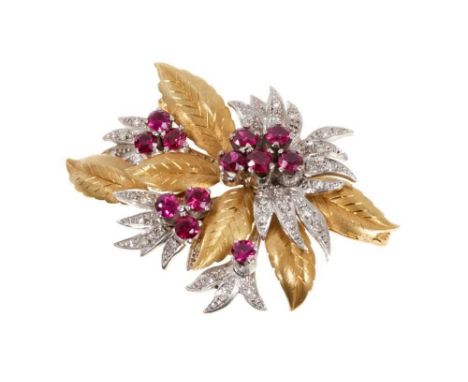 1960s ruby and diamond floral spray brooch with round mixed cut rubies and single cut diamonds in 18ct white and yellow gold 
