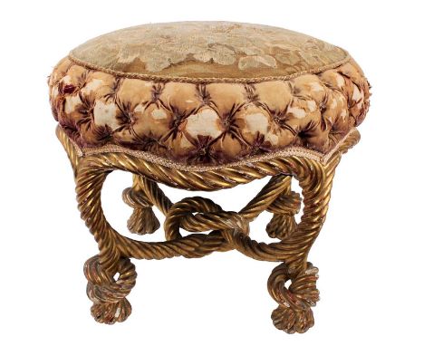 Fine 19th century French giltwood stool, with circular Aubusson embroidered panel, raised on ornate rope carved understructur
