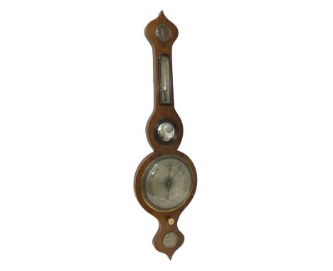 19th century barometer and thermometer by Sewell of Hadleigh with silvered dial and scale, convex mirror, in rosewood veneere
