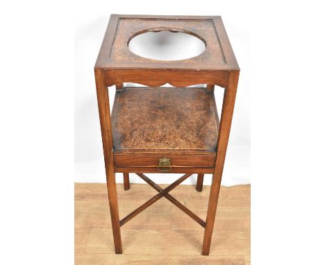 Rare George III fruitwood and burr elm washstand, with aperture for wash basin and drawer to second tier, on square supports 