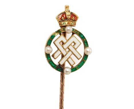 H M Queen Alexandra, fine gold, enamel and seed pearl stick pin with crowned double A cipher in period associated case.Proven