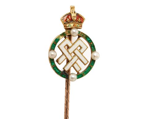 H M Queen Alexandra, fine gold, enamel and seed pearl stick pin with crowned double A cipher in period associated case.Proven