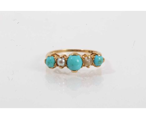 Victorian gold turquoise and pearl five stone ring with three turquoise cabochons and two half pearls in 18ct gold setting, r