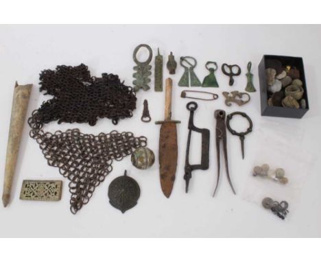 Collection of artefacts, generally mediaeval or later, including early thimbles, lead corn seals, portion of chain mail, vari