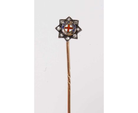 Antique gold and enamel Regimental stick pin for The Coldstream Guards with enamel decoration and rose cut diamond star in go