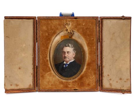 Early 20th century portrait miniature on ivory of Cecil Rhodes, possibly with a printed base, the oval portrait in glazed bra