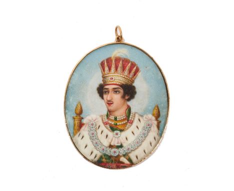 19th century oval portrait miniature on ivory of a Mogul King, seated in full regalia, in yellow metal frame with loop suspen