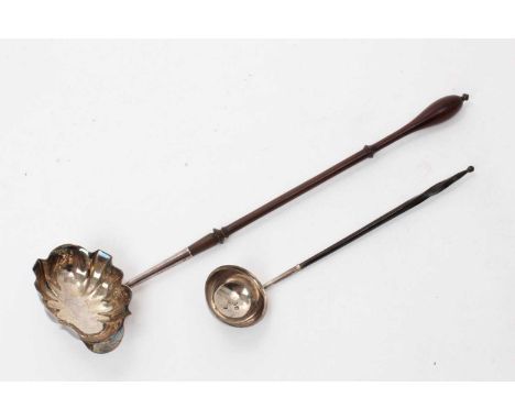 Georgian silver toddy ladle with shaped bowl and turned wood handle (unmarked), together with another, smaller, with twisted 