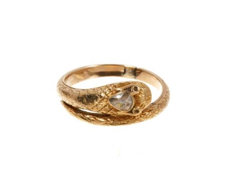 Victorian gold snake ring with rose cut diamond head, open mouth and engraved body, ring size O.Good condition commensurate w