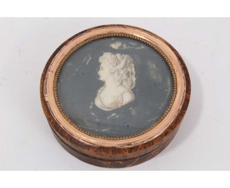 George III tortoiseshell and metal mounted snuff box with inset painted ivory portrait miniature, of oval form, 8cm wide, tog