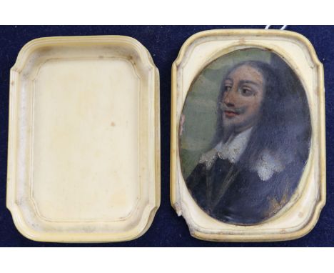 17th century English Schooloil on copperMiniature portrait of Charles Ioval, 3 x 2in., in a later ivory case