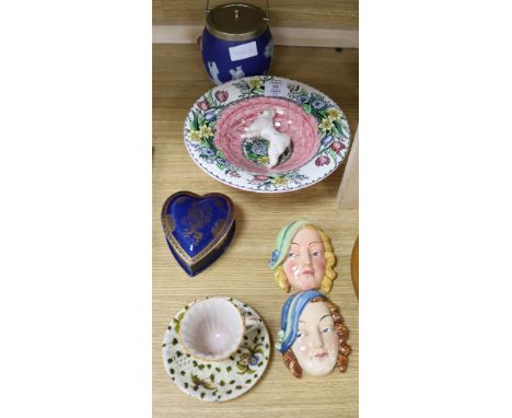 A Wedgwood jasper barrel, a Carltonware box, a Maling dish, Beswick masks, etc.