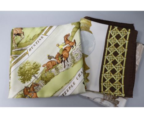 A Hermes, Paris 'Sportsmen' silk scarf by Philippe Ledoux, 1973 and another, 'Feux de Route' by Caty Latham, 1971, in green/g