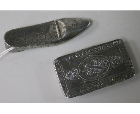A pewter shoe snuff box and another 19th century snuff box