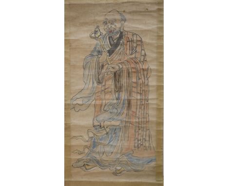 Chinese School, 19th century, two scroll paintings of luohan and Chinese School, 18th/19th century, scroll painting of two du