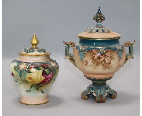 Two Worcester lidded vases 7 & 5in.