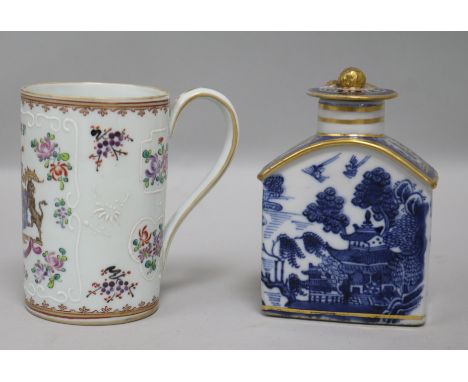 A Chinese export blue and white tea caddy and a Samson mug
