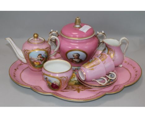 A Sevres style Pompadour pink tete à tete tea service tray 17in.