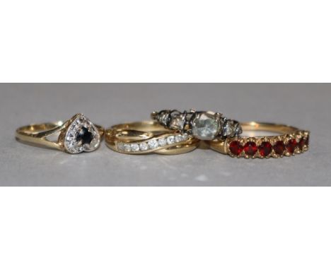 A 19th century gold, silver and rose cut diamond ring and three 9ct rings.